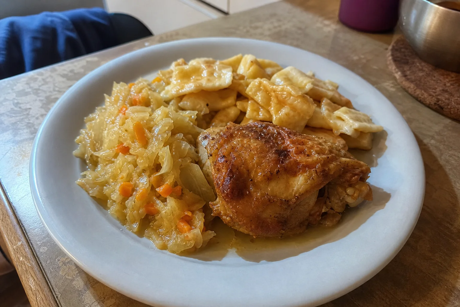 Roast Chicken Thighs with Mlinci, Braised Cabbage and Carrots