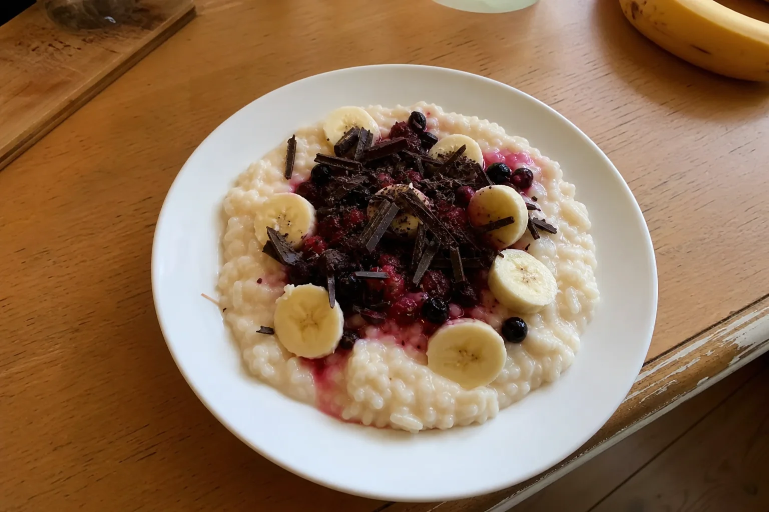 Coconut Rice Pudding with Banana, Berries and Chocolate