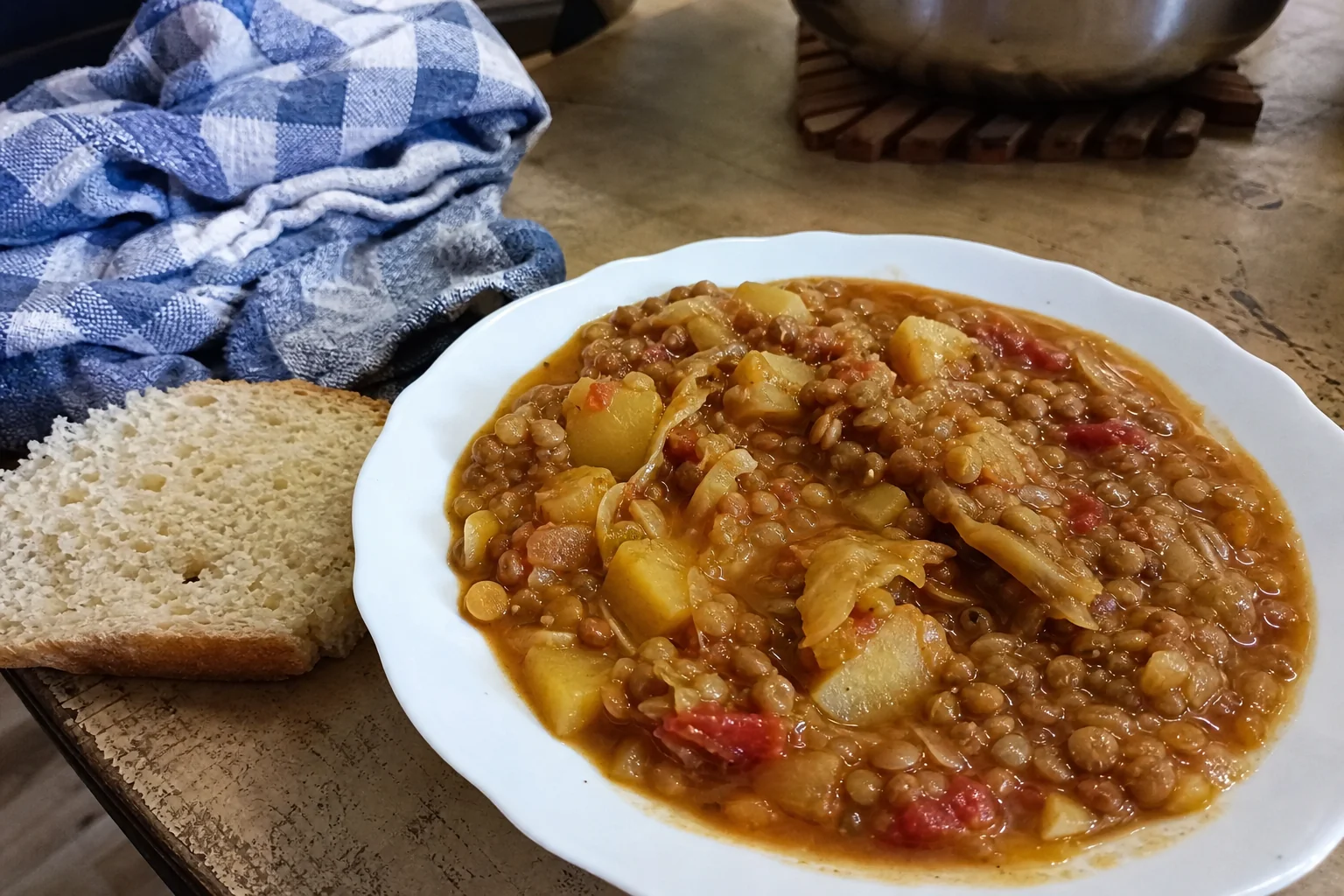 Potato and Lentil Goulash with Cabbage and Bread