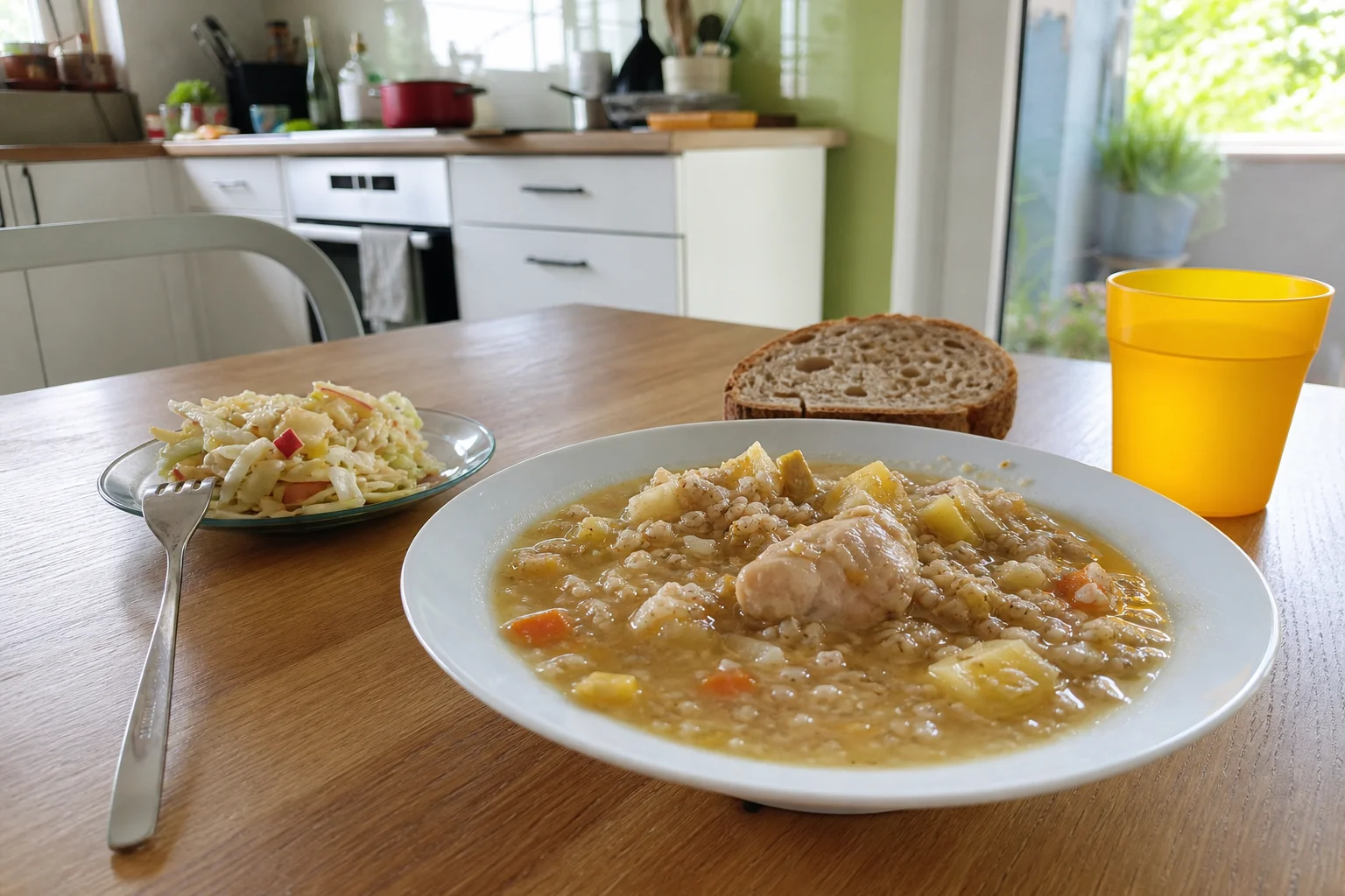 Piščančja obara z ješprenjem in zeljno-jabolčno solato