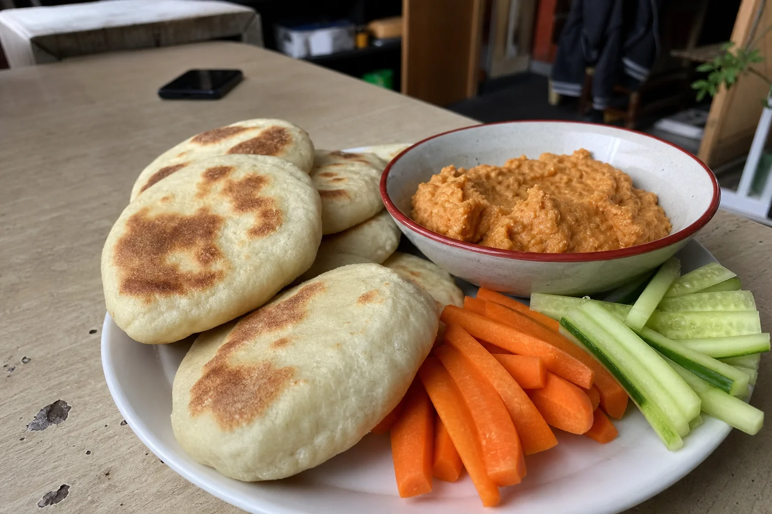Soft homemade flatbreads with chickpea spread and vegetable sticks